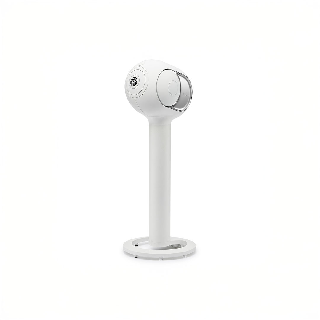 White speaker on a stand, minimalist design.