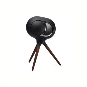 Elegant black speaker on wooden tripod stand.