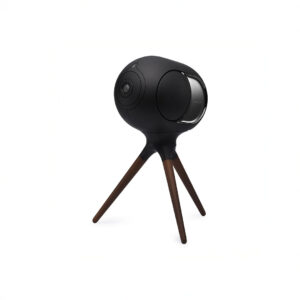 Modern black speaker on wooden tripod stand.