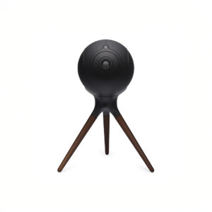 Spherical speaker on tripod with wood legs.