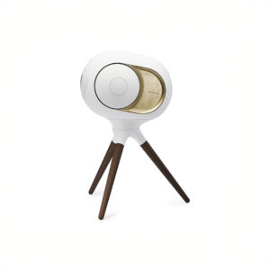 Stylish white speaker with wooden tripod stand.