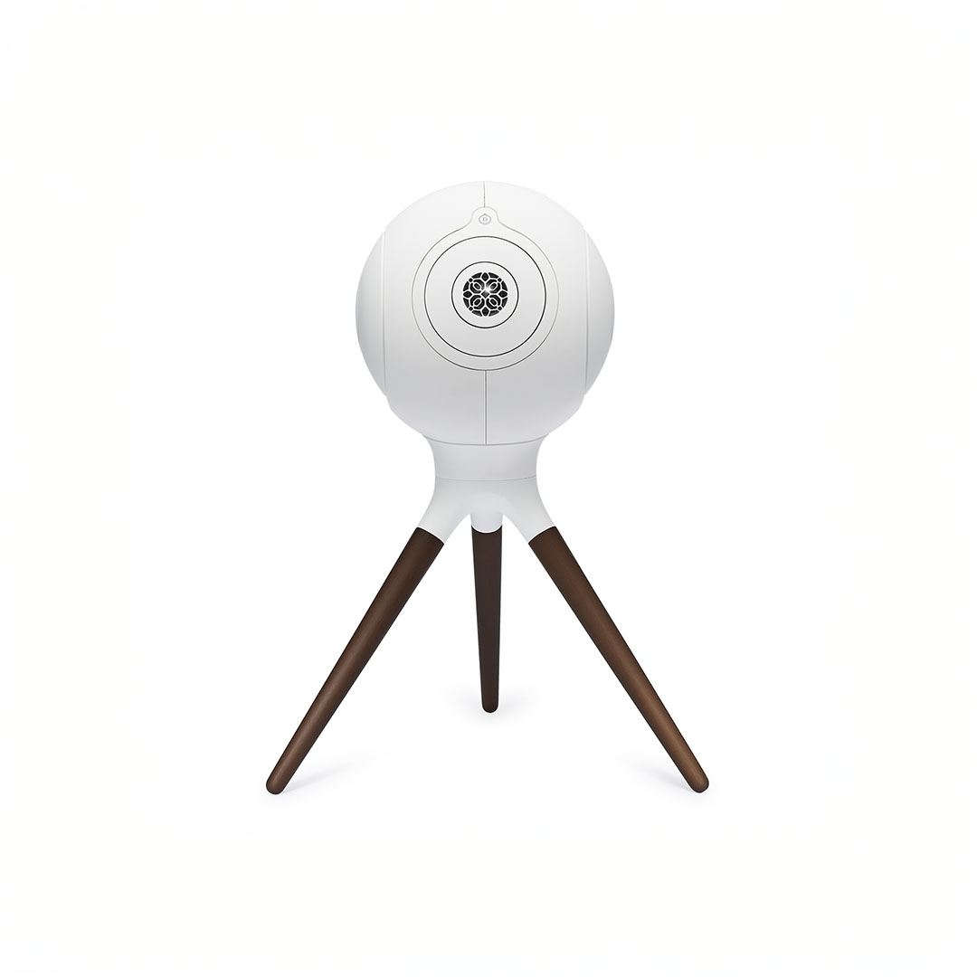 Modern spherical speaker with tripod legs, rear view.