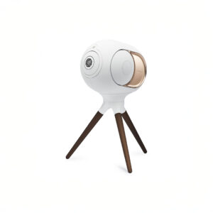 Portable white speaker on tripod stand.