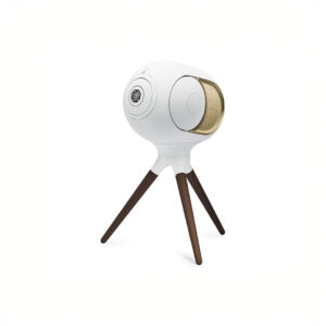 Modern white speaker on wooden tripod stand.