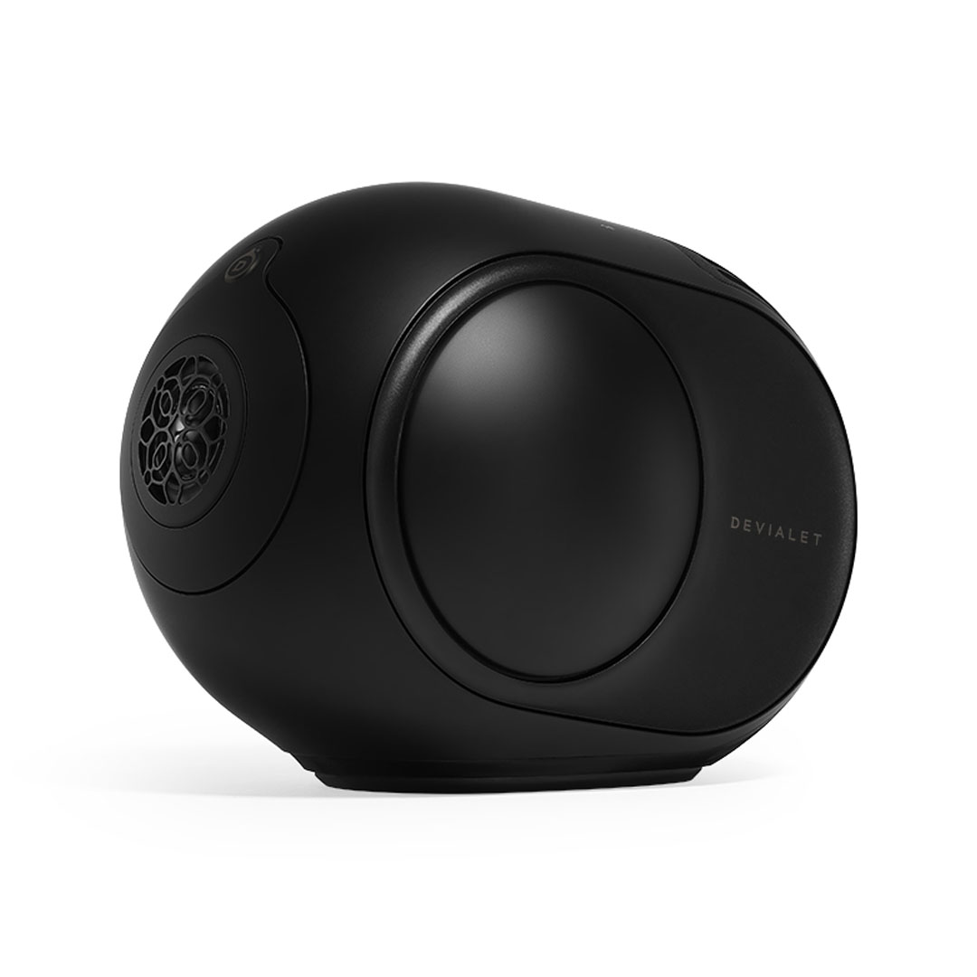 Black spherical speaker with subtle branding