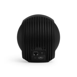 Black speaker with ports and ribbed design.