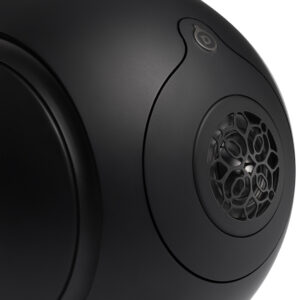 Close-up of black spherical speaker design.