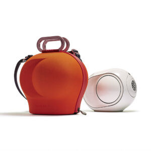 Portable speaker in orange case and white device.
