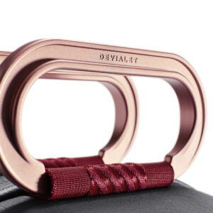 Close-up of rose gold handle with burgundy strap.