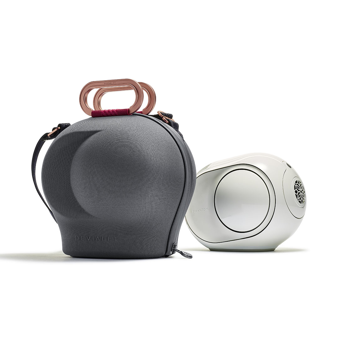 Speaker and carrying case on white background.