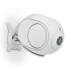 Wall-mounted white speaker with modern design.