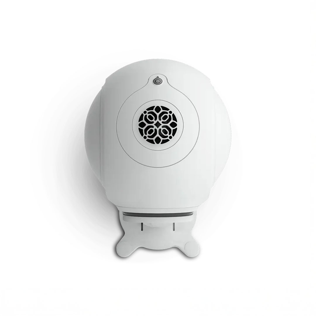 White modern speaker with circular design and black grille.