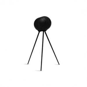 Black speaker on tripod stand against white background.