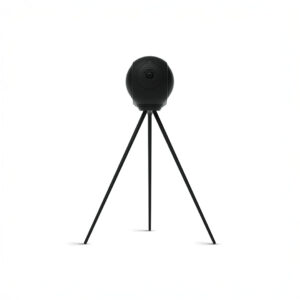 High-tech black speaker on tripod stand.