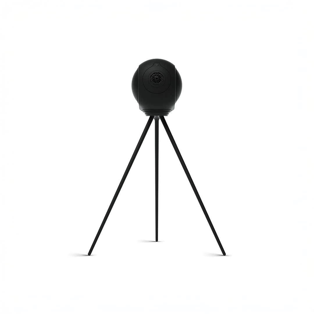 High-tech black speaker on tripod stand.