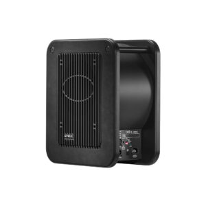 Black subwoofer with front grille and control panel.