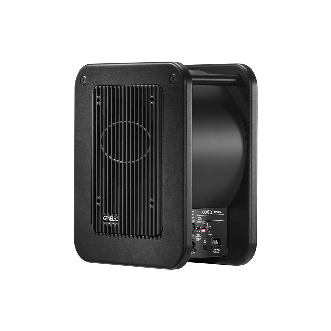 Black subwoofer with front grille and control panel.