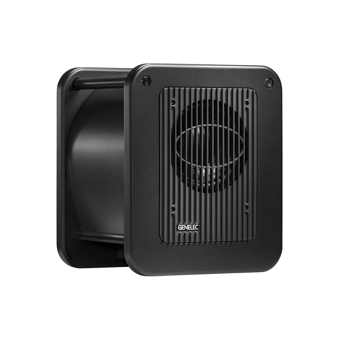 Black studio monitor speaker with grille design.