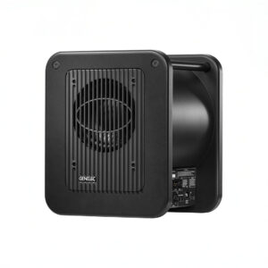 Black Genelec audio speaker on white background