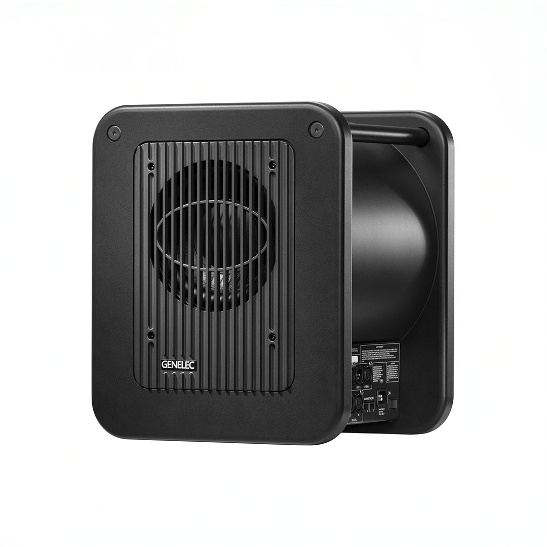 Black Genelec audio speaker on white background