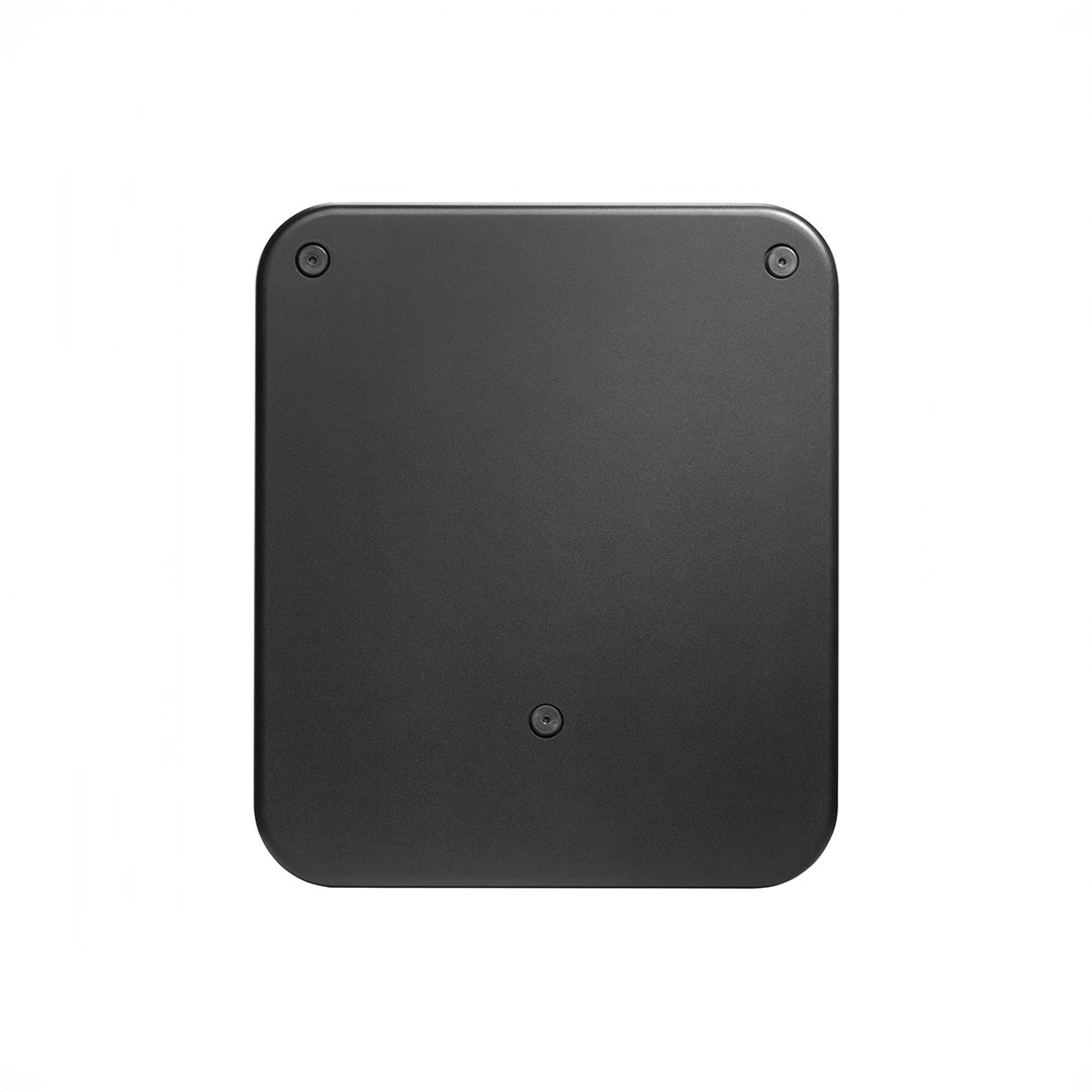 Black square electronic device on white background.