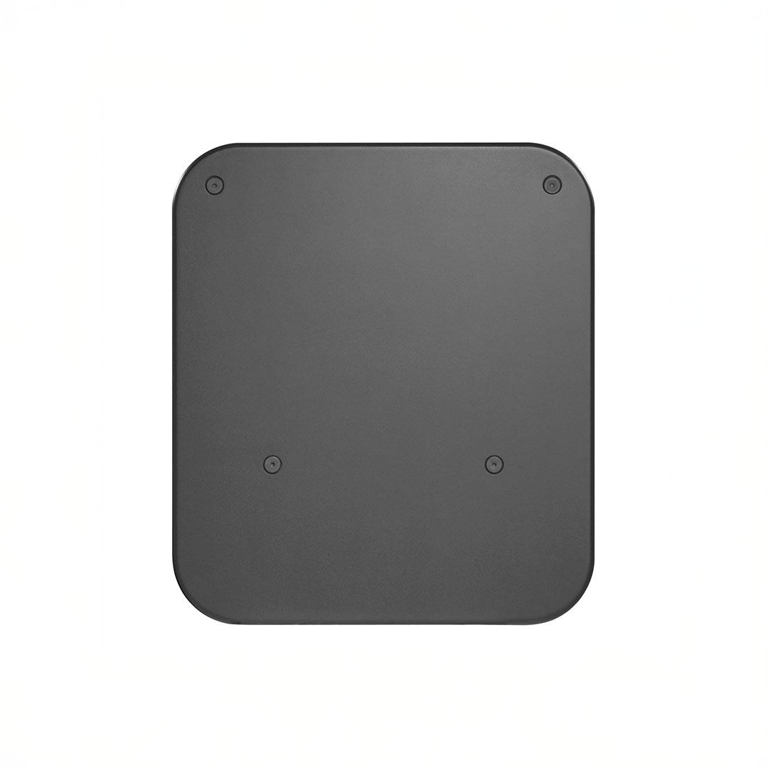 Black square object with rounded corners and screws.