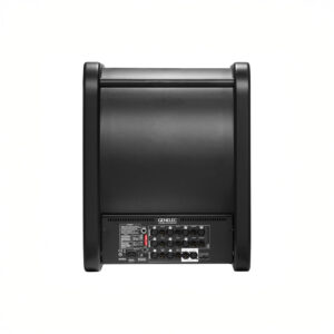 Back view of black audio speaker with connectors