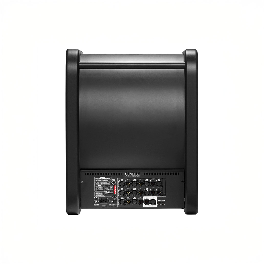 Back view of black audio speaker with connectors