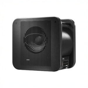 Black speaker with grille front and side controls.