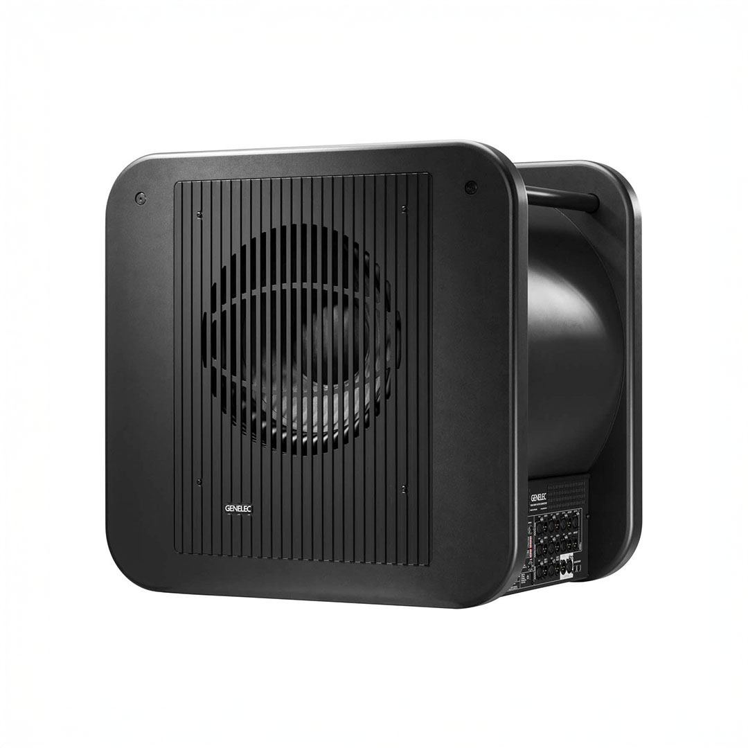 Black speaker with grille front and side controls.