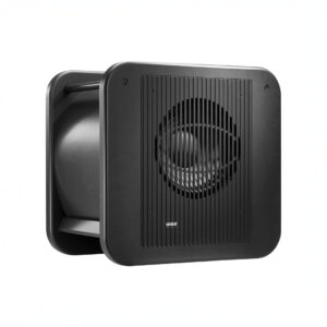 Black subwoofer with grille, side view.