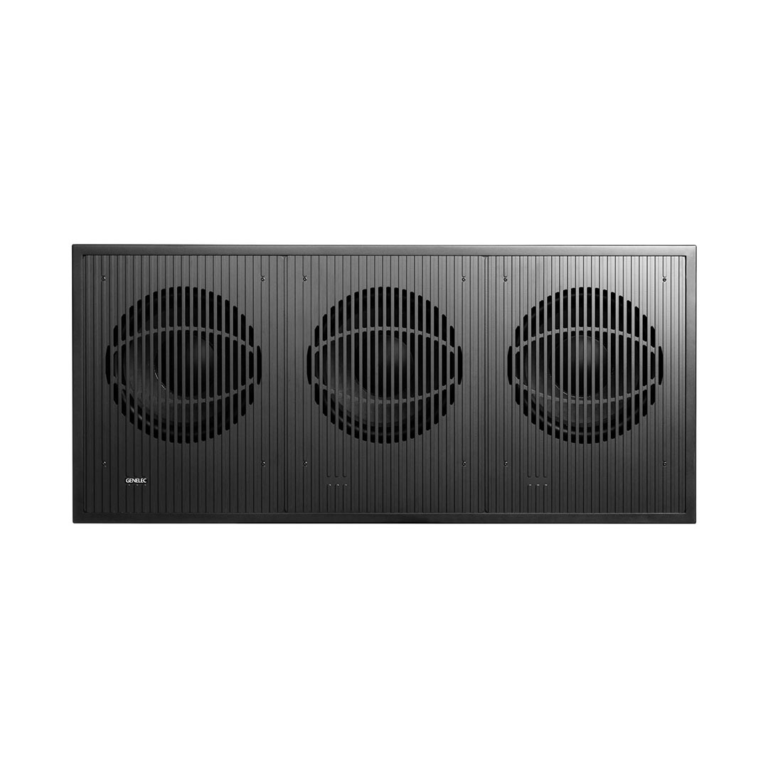 Three-fan black speaker system front view.