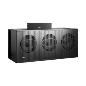 Three-speaker black audio system with vertical slats.