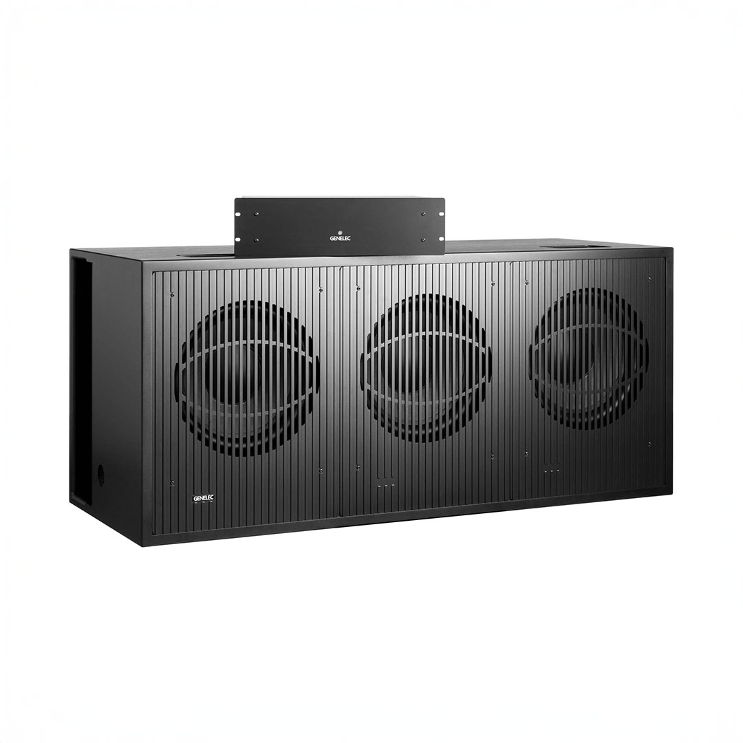 Three-speaker black audio system with vertical slats.