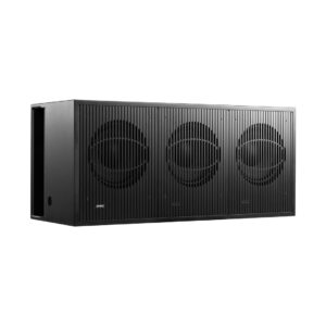 Black subwoofer with three circular grills