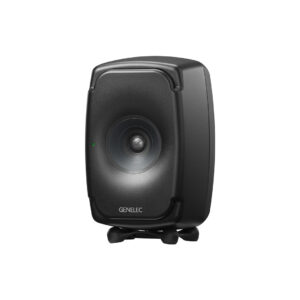 Genelec black studio monitor speaker front view.