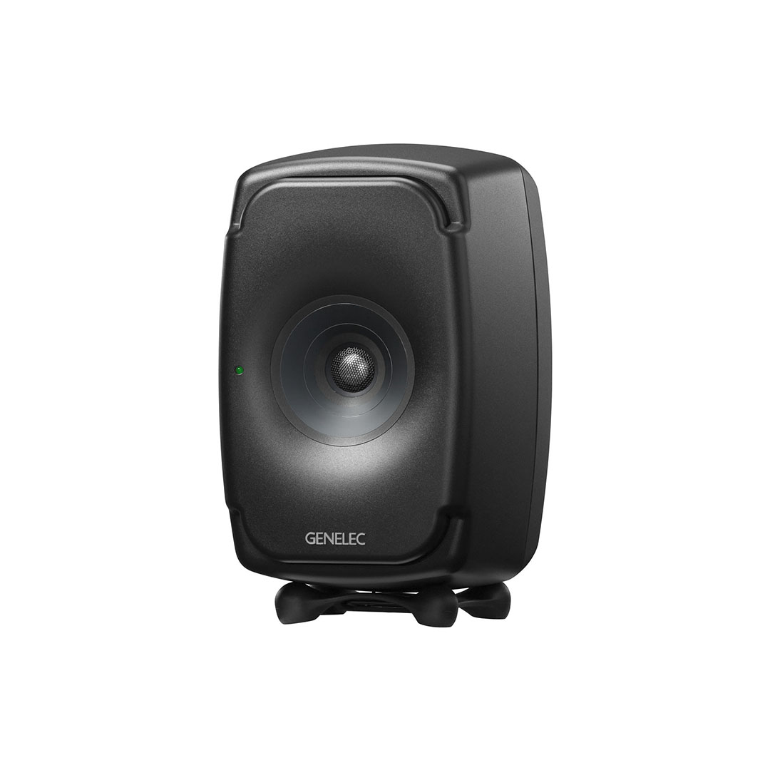 Genelec black studio monitor speaker front view.