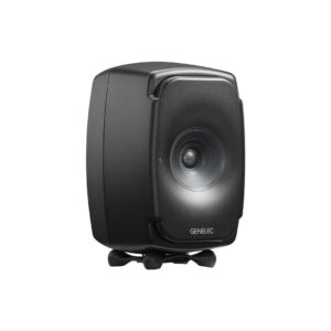 Black professional studio monitor speaker, front view.