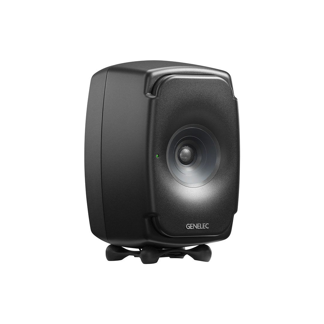 Black professional studio monitor speaker, front view.