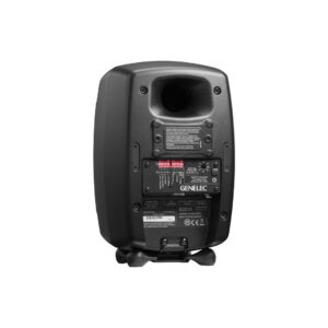 Back of black Genelec studio monitor speaker.