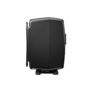 Side view of black suitcase on white background.