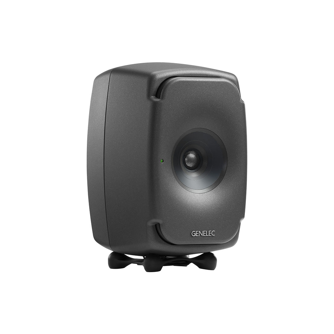 Genelec studio monitor speaker, black, isolated view.