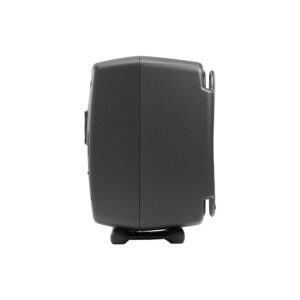 Side view of a black projector on stand.