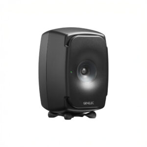 Black Genelec speaker with a glowing LED indicator.