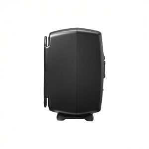 Black suitcase side view on white background.