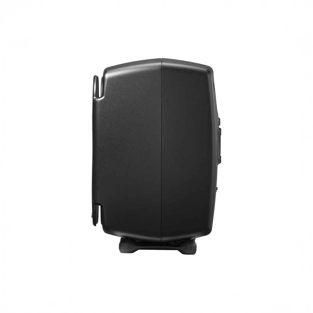 Black suitcase side view on white background.