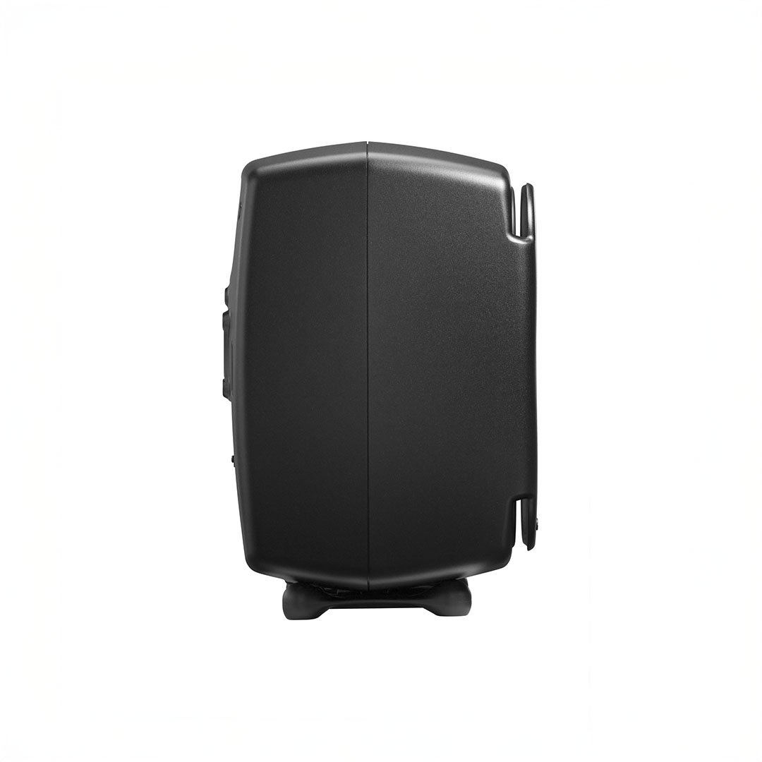 Side view of black portable speaker