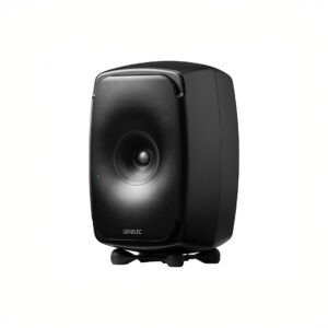 Sleek black studio monitor speaker with modern design.