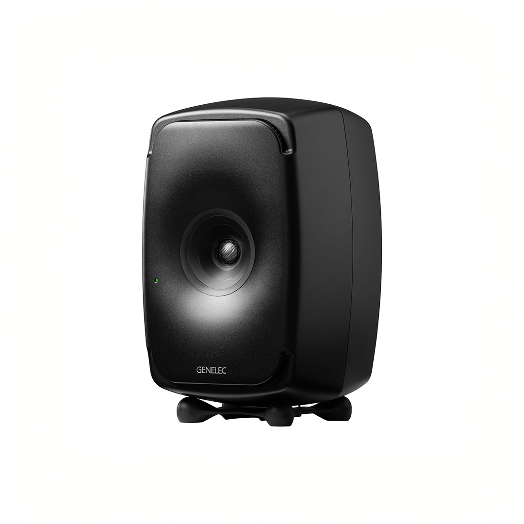 Sleek black studio monitor speaker with modern design.