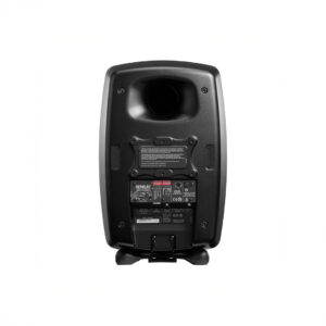 Rear view of black speaker with control panel.